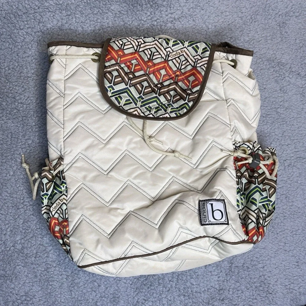 Cinda B Backpack Tote‎ Quilted Bag Beige Chevron Geometric